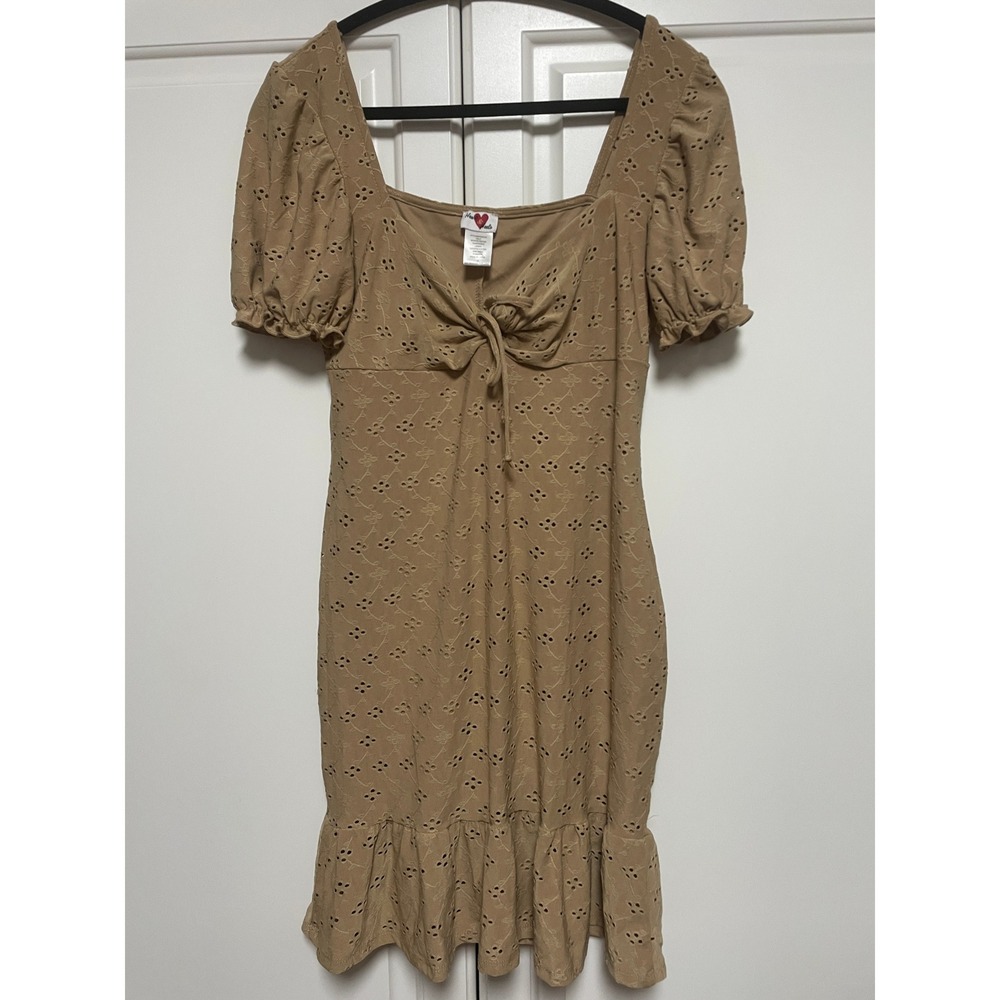 Tan Eyelet Milkmaid Dress –‎ Puff Sleeve, Tie Front, Ruffle Hem